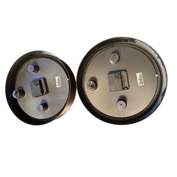 2 Arbor & Emery round black clocks - Roman numerals - plastic - pair - Picture 2 of 2